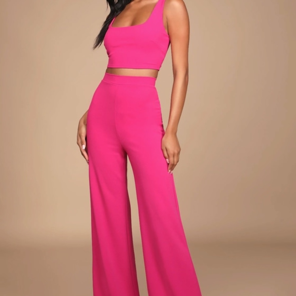 Lulus Only Tonight Hot Pink Two-piece Wide-leg Jumpsuit - Size L